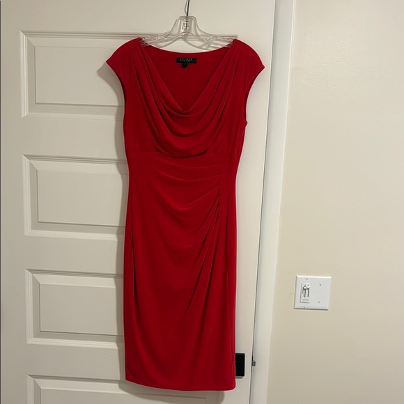 Ralph Lauren Red Ruched Sheath Dress with Cowl Neck - Picture 1 of 4